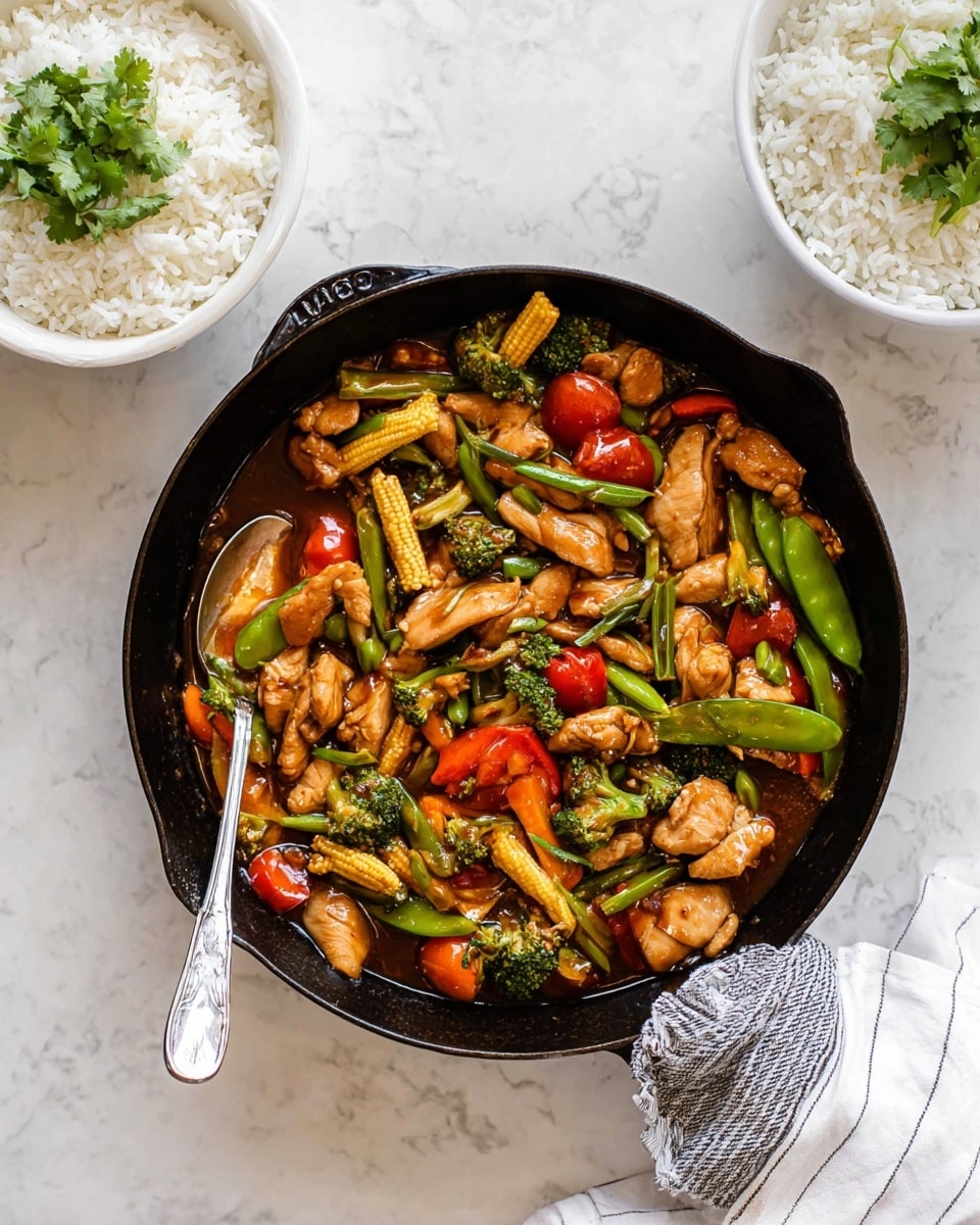 A black cast iron pan filled with a vibrant stir-fry sits on a white marbled surface. The dish has many layers: tender pieces of light brown chicken mixed with bright green snap peas, light yellow baby corn, small red cherry tomatoes, deep green broccoli florets, and slices of red and green bell peppers, all coated in a glossy brown sauce. A silver spoon rests inside the pan, partially submerged in the rich mixture. Next to the pan is a white bowl of fluffy white rice topped with fresh green cilantro leaves. A white striped cloth with a grey handle peeks from the bottom right corner. Photo taken with an iphone --ar 4:5 --v 7