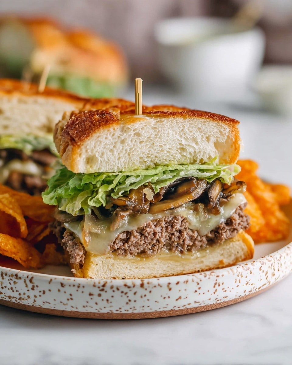 A sandwich cut in half sits on a white plate with brown speckles, placed on a white marbled surface. The sandwich has five visible layers: a top piece of soft, golden-brown bread with a slightly crispy crust, fresh green lettuce just below it, a thick layer of cooked ground meat with a juicy texture, melted pale yellow cheese draping over sautéed brown mushrooms and caramelized onions, and a bottom piece of the same bread. A thin wooden skewer holds each half together, and crispy chips rest beside the sandwich. In the blurry background, a small white bowl can be seen. Photo taken with an iphone --ar 4:5 --v 7