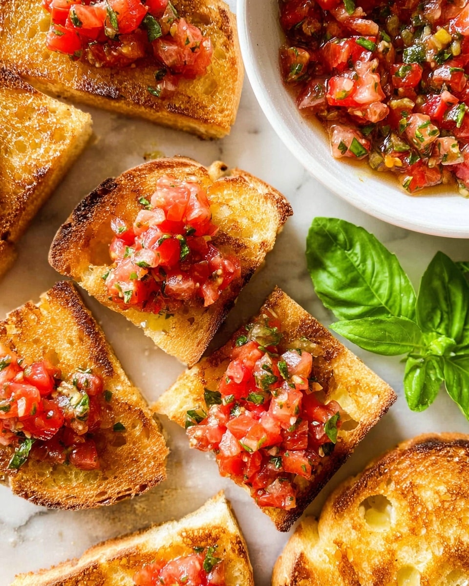 The image shows several toasted bread slices on a white marbled surface, some topped with a chunky tomato and green herb mix that appears juicy and fresh while other slices show a golden-brown crunchy texture with melted butter or oil. The tomato topping is bright red with bits of green herbs scattered on top, adding color contrast. A white bowl filled with the same tomato mixture is partly visible in the upper right corner. Fresh green basil leaves rest beside the toast slices, adding a touch of brightness and freshness. photo taken with an iphone --ar 4:5 --v 7