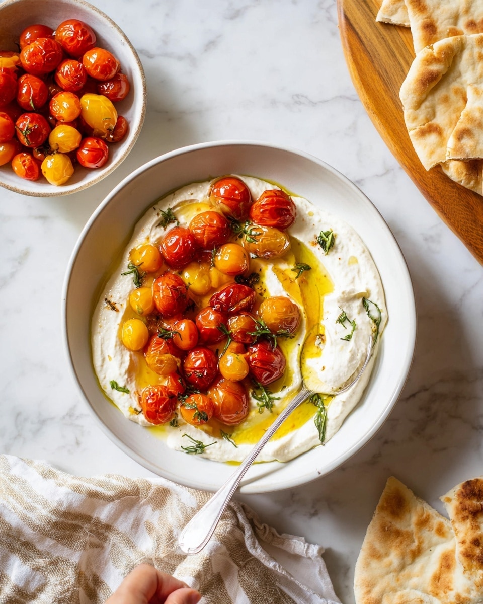 A white bowl holds a dish with three main layers: the bottom layer is thick and creamy white spread smoothly across the base; on top, there are roasted cherry tomatoes in bright red and yellow colors mixed with whole roasted garlic cloves, forming a dense cluster mostly on one side; finally, golden olive oil is drizzled over the dish adding a shiny, liquid texture. Small green herb leaves are scattered among the tomatoes. A silver spoon rests on the edge of the bowl. Surrounding the bowl, there is a small white bowl filled with more roasted cherry tomatoes, a beige striped cloth, and pieces of pita bread placed on a wooden board, all set on a white marbled surface. Photo taken with an iphone --ar 4:5 --v 7
