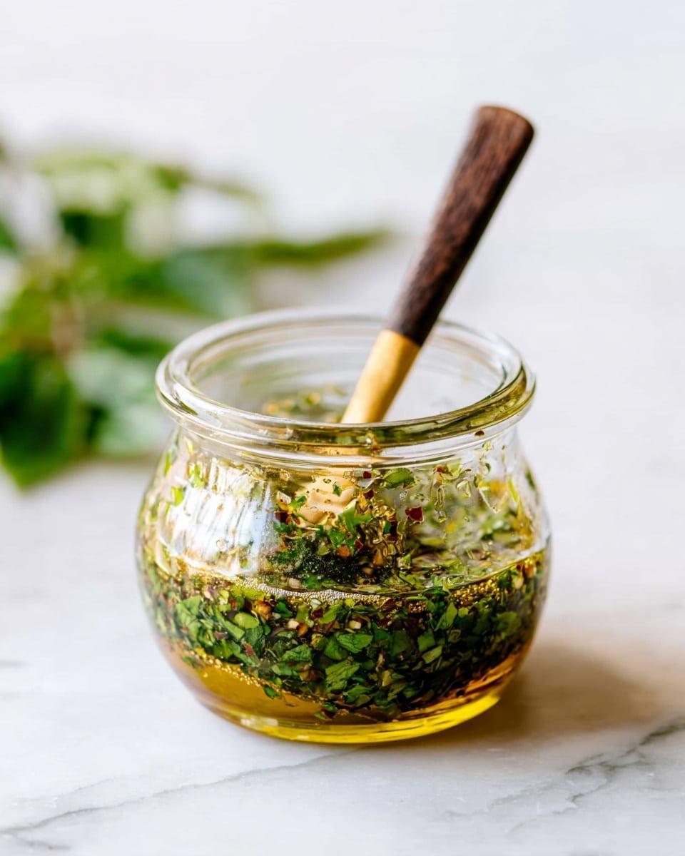 A small clear glass jar filled with a layered mixture showing a bottom layer of finely chopped green herbs mixed with oil and small bits of spices, topped with a thin layer of golden oil that shines on the surface. A wooden spoon with dark brown and golden tips stands inside the jar, resting against the rim. The jar sits on a white marbled surface with blurred green leaves in the background, giving a fresh and clean look. photo taken with an iphone --ar 4:5 --v 7