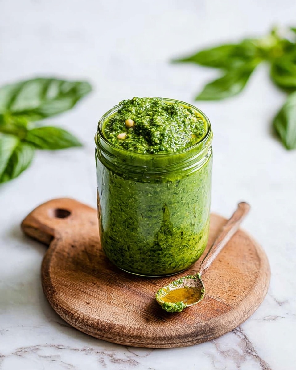 A clear glass jar is filled to the top with a thick, bright green pesto sauce that has a slightly chunky texture, with small bits of herbs and nuts visible inside. The jar sits on a round wooden cutting board with a small handle, placed on a white marbled surface. Outside the jar, a wooden spoon rests on the board, covered with some of the pesto sauce mixed with a small dollop of golden mustard or oil. In the background, fresh dark green basil leaves are spread around, adding a natural touch to the scene. photo taken with an iphone --ar 4:5 --v 7