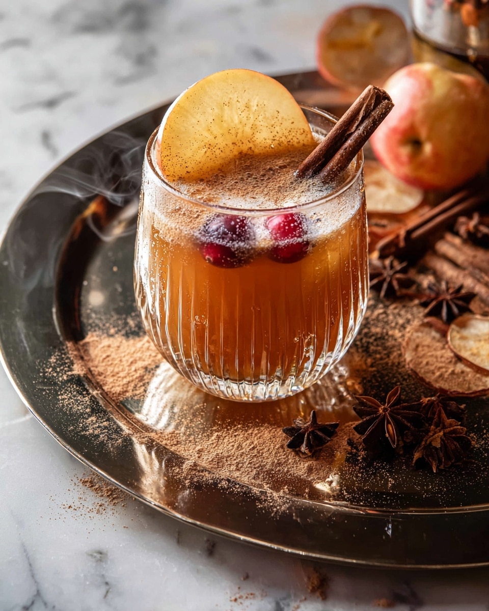 A short clear glass with vertical ridges holds a warm brown drink with tiny bubbles rising inside, visible red berries floating in the middle layer, and a layer of frothy light foam at the top. A round slice of apple rests on the rim, sprinkled with cinnamon, while a dark brown cinnamon stick stands upright in the glass releasing warm smoke. The drink sits on a large shiny metal tray scattered with light brown powder, whole cinnamon sticks, and star anise, alongside apple slices with star anise centers. The surface beneath is a white marbled texture. Photo taken with an iphone --ar 4:5 --v 7