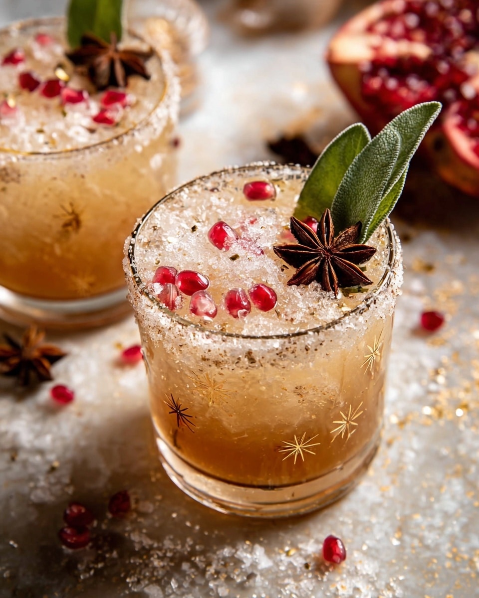 Two short clear glasses filled with a light brown drink and crushed ice on top, each glass rim coated thickly with coarse sugar crystals. On the surface of each drink, there are bright red pomegranate seeds scattered, a fresh green sage leaf, and a dark brown star anise placed neatly. The glasses have small star patterns on them and rest on a white marbled surface with scattered coarse salt and star anise nearby. Photo taken with an iphone --ar 4:5 --v 7