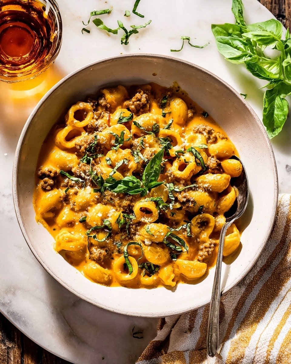 A white bowl filled with three layers: first, a creamy orange sauce that coats small, curved pasta shells and pieces of ground meat; second, the pasta itself, which is light yellow and soft in texture; third, a garnish of fresh green basil leaves and chopped herbs sprinkled on top. A silver spoon is placed inside the bowl on the right side. The bowl is set on a white marbled surface with a glass of amber liquid in the upper right corner and some loose basil leaves scattered around. A striped beige and white cloth is visible at the bottom right corner. Photo taken with an iphone --ar 4:5 --v 7