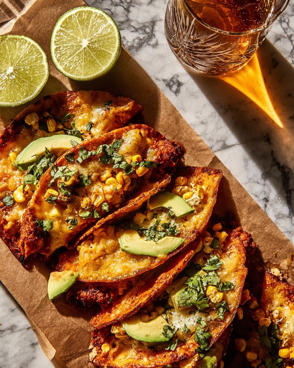 The image shows four folded tacos with a crispy, golden brown shell covered in melted cheese that is slightly caramelized along the edges. Each taco is topped with finely chopped green herbs, small pieces of grilled yellow corn, and a few slices of bright green avocado. On the upper left side, two lime halves with a juicy, shiny surface are placed next to the tacos. The food is laid out on brown parchment paper resting on a white marbled textured surface, with a glass of amber-colored drink casting a warm reflection on the right. Photo taken with an iphone --ar 4:5 --v 7