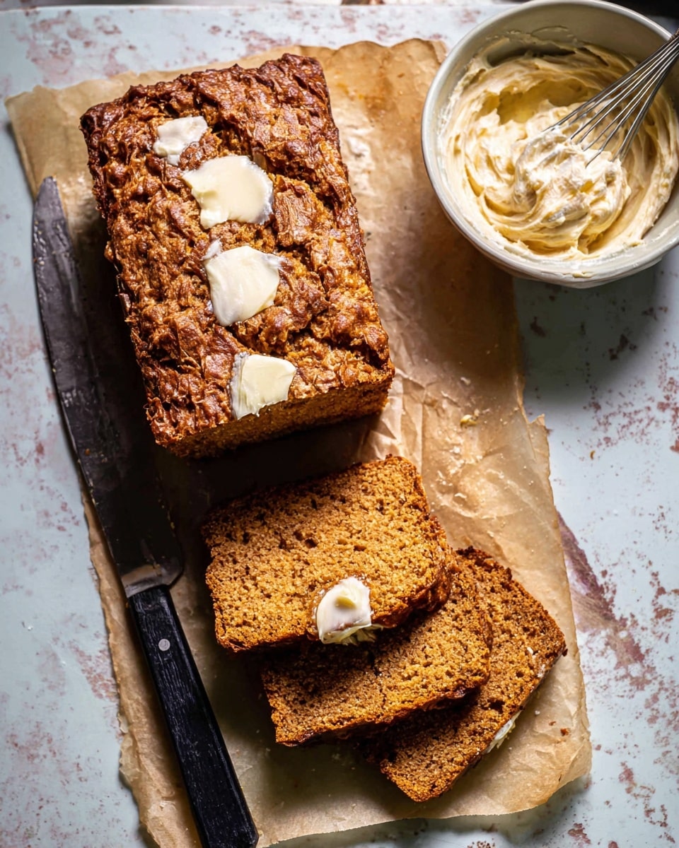 A loaf of brown bread with a rough, slightly cracked top, dotted with melted butter patches, rests on crumpled parchment paper. Two thick slices have been cut from the loaf, showing a moist, dense interior with a warm orange-brown color and small air pockets. The top slice has glistening butter melting on it. A long knife with a black handle lies beside the loaf on the parchment. To the right is a white bowl with creamy butter and a whisk resting inside. The whole scene is set on a white marbled textured surface with soft, natural light emphasizing the bread’s rich texture and warm tones. photo taken with an iphone --ar 4:5 --v 7