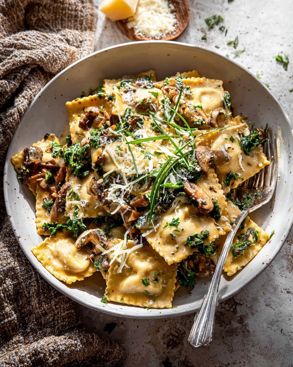 This image shows a white bowl filled with creamy ravioli pasta topped with finely shredded green herbs and a sprinkling of grated white cheese. The ravioli has a soft yellow color with visible folds and a smooth texture, mixed with pieces of browned chicken or mushrooms. The bowl rests on a rustic wooden surface partially covered by a cloth with a cream and orange pattern. A silver fork is placed on the right side of the bowl, the pasta overflowing slightly at the edges, all lit softly from the left side. Photo taken with an iphone --ar 4:5 --v 7