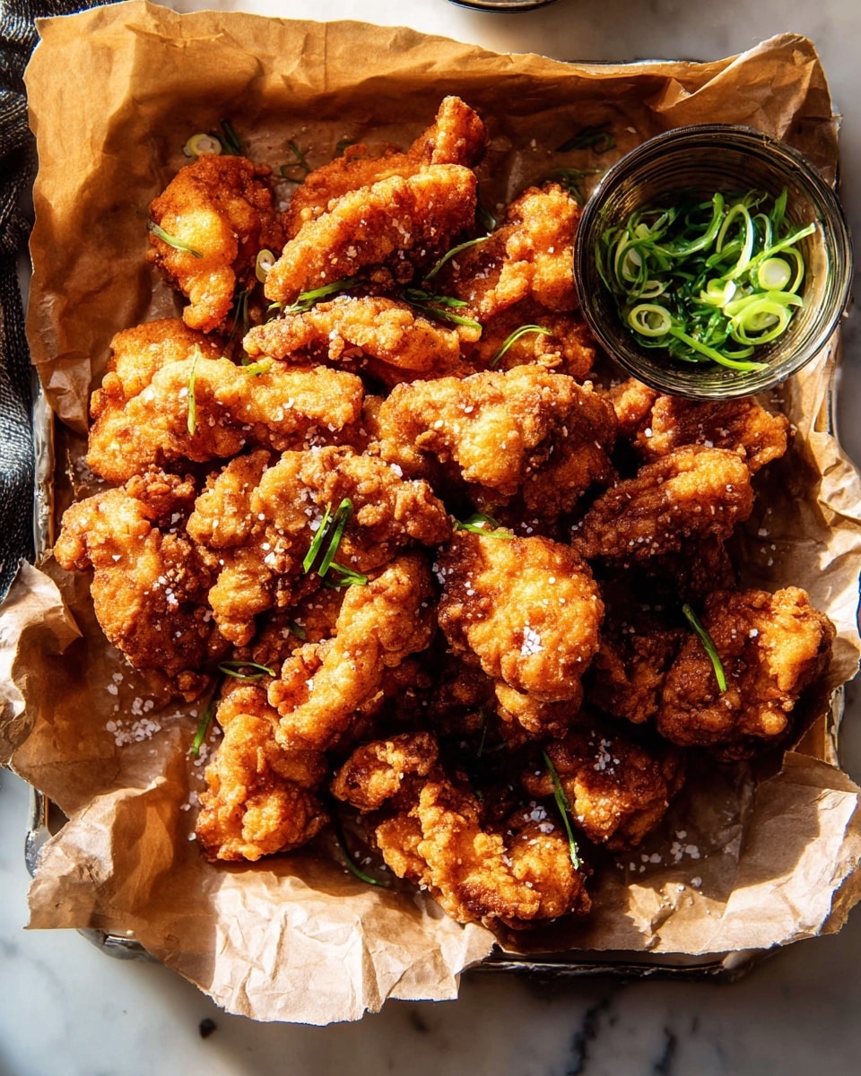 A tray lined with crumpled light brown parchment paper holds a pile of golden-brown fried chicken pieces with a crunchy texture, each piece unevenly shaped with some darker crispy areas and small white salt flakes sprinkled on top; to the right of the chicken is a small bowl filled with fresh green sliced scallions adding a touch of color, while the tray rests on a white marbled surface. photo taken with an iphone --ar 4:5 --v 7