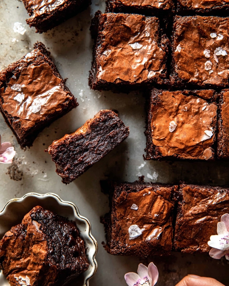 The image shows several square crunchy brownies with a cracked shiny dark brown top layer, laid out on a white marbled surface. The brownies appear thick with a soft, dense chocolate inside layer that is visible in some pieces. One brownie piece is being held up, showing the rich, moist texture inside. A few small white flower petals are scattered on the brownies for decoration, and some salt flakes are sprinkled on top. In the bottom left corner, a white scalloped bowl holds a few brownie pieces. Photo taken with an iphone --ar 4:5 --v 7