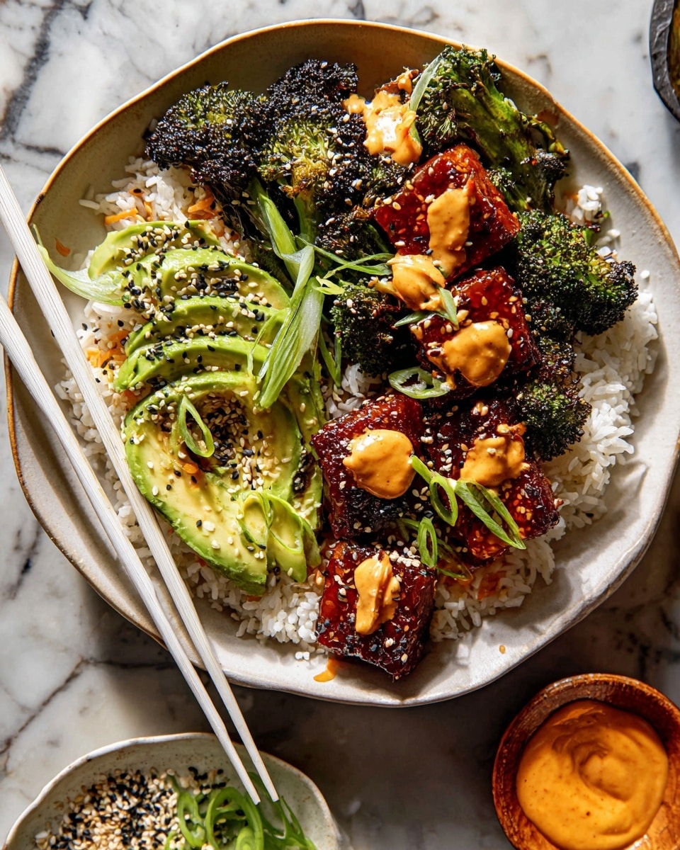 A white bowl holds a layered dish starting with a base of white rice, topped with charred broccoli florets and slices of light green avocado sprinkled with black and white sesame seeds. On top, there are several pieces of grilled tofu or meat covered in a glossy dark reddish-brown sauce, each piece adorned with dollops of creamy orange sauce and more sesame seeds. Thin green scallion strips are placed over everything. To the side, white chopsticks rest on the bowl’s edge. The bowl sits on a white marbled surface with a small dish of orange sauce and a white plate with sliced scallions and sesame seeds nearby. Photo taken with an iphone --ar 4:5 --v 7