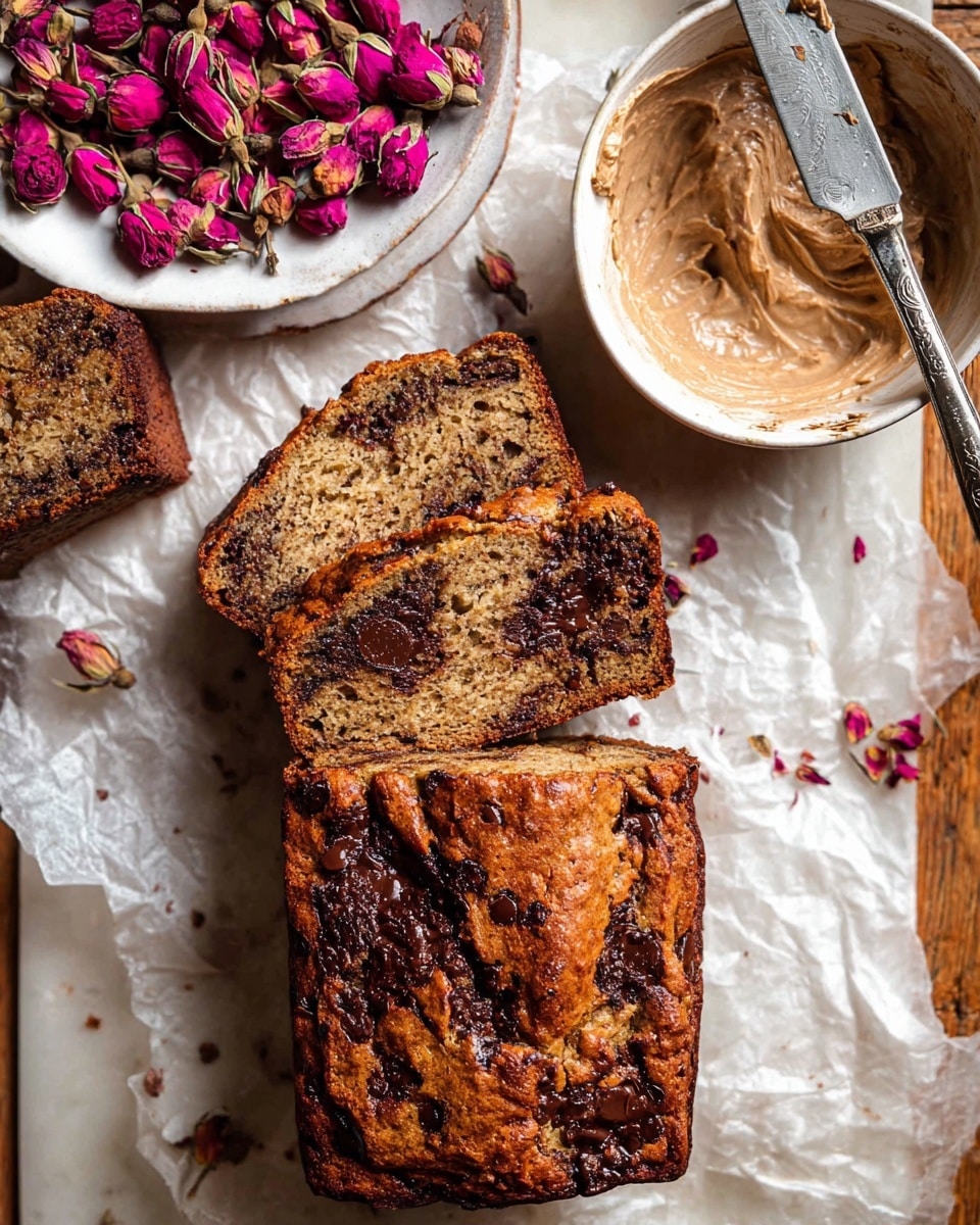 The image shows a loaf of chocolate chip banana bread with three slices arranged in a stack, displaying a golden brown crust and a moist interior filled with melted dark chocolate chips. The top slice is slightly tilted, revealing the bread's soft texture speckled with chocolate chunks and a glossy, spreadable layer on the side. To the right, a white bowl contains a creamy spread with a silver knife resting on it that has some spread and rose petals on the blade. In the upper left corner, a white plate holds dried rosebuds and petals, adding a vibrant pink contrast. The whole scene is set on a white marbled texture with crumpled parchment paper underneath, giving a cozy, rustic feel. Photo taken with an iphone --ar 4:5 --v 7
