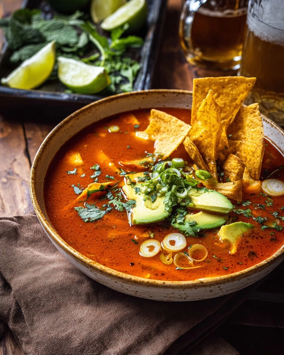A bowl of bright red soup filled with soft yellow tortilla strips, topped with three large crispy tortilla chips standing upright on one side. The soup surface is scattered with chopped fresh green herbs, sliced light green scallions, and a few pale green avocado slices arranged on top. The bowl has a rustic light brown edge and sits on a wooden table with a brown cloth napkin beside it. In the background, a black tray holds lime wedges and fresh green mint, and a glass of amber-colored drink and a foamy mug of beer are partially visible. photo taken with an iphone --ar 4:5 --v 7