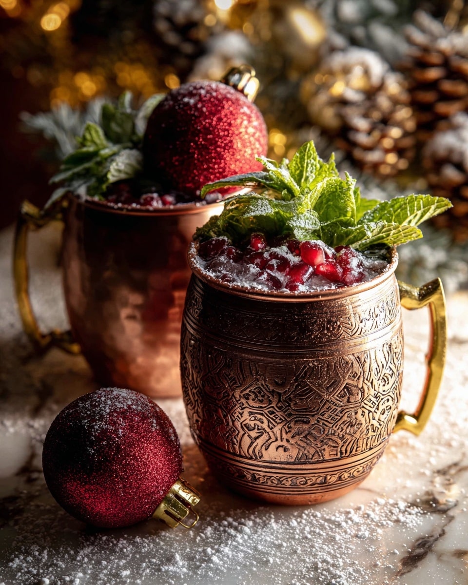 Two ornate copper mugs with detailed round patterns and golden handles sit on a white marbled surface dusted with powdered sugar. Each mug is filled with a dark liquid topped with bright red pomegranate seeds and fresh, frosted green mint leaves, creating a colorful contrast. One mug is topped with a large red glittery ornament, adding a festive touch. Soft, warm lighting highlights the textures and metallic shine, with a blurred cozy background of pinecones and fairy lights. photo taken with an iphone --ar 4:5 --v 7