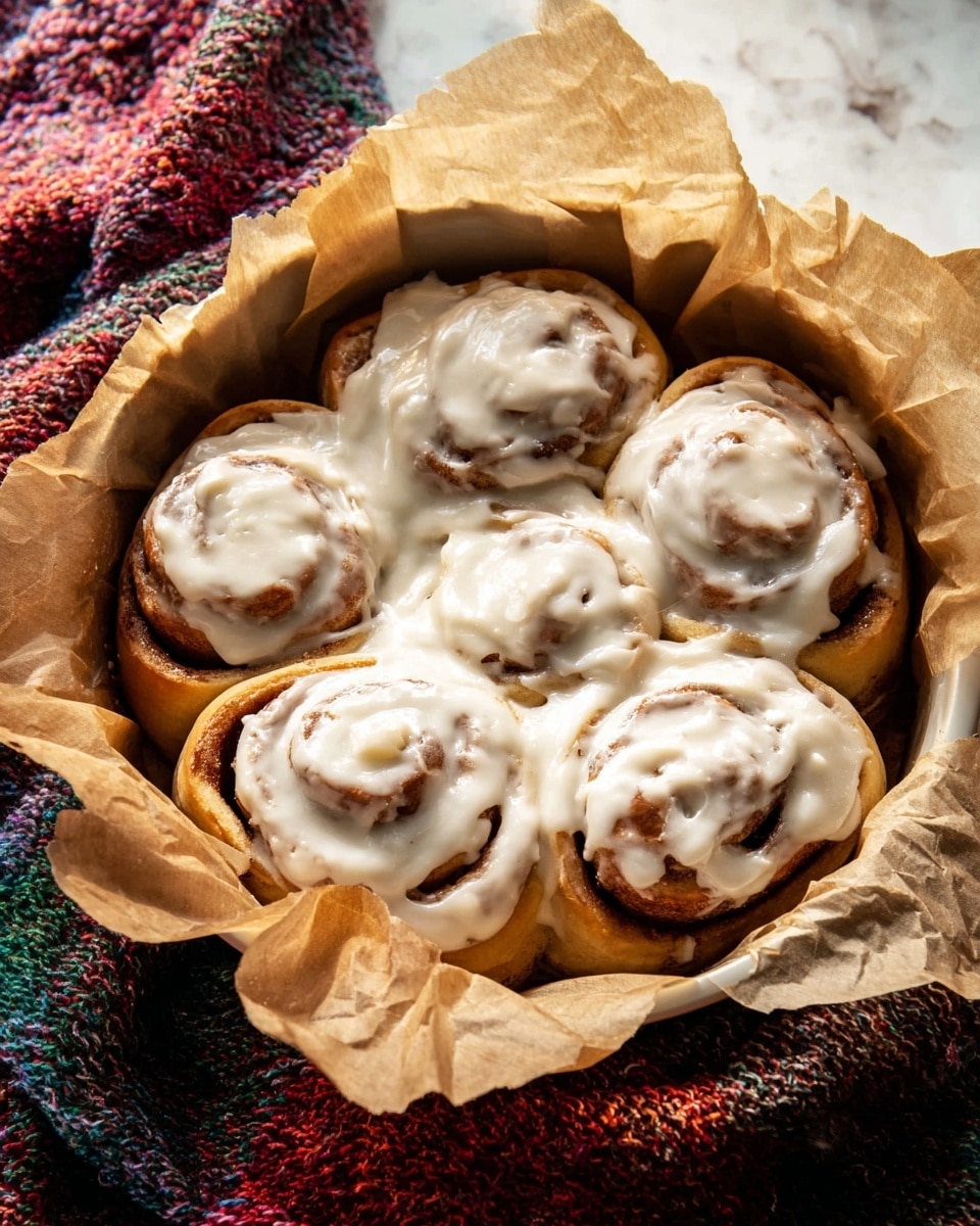 A white round pan lined with crumpled brown parchment paper holds six cinnamon rolls arranged closely in two rows, each roll showing a golden brown swirl pattern and topped with a thick, creamy white icing that spreads unevenly with smooth, soft texture partly covering the cinnamon rolls; the pan sits on a white marbled surface with a soft, multicolored woolen blanket visible in the corner. photo taken with an iphone --ar 4:5 --v 7