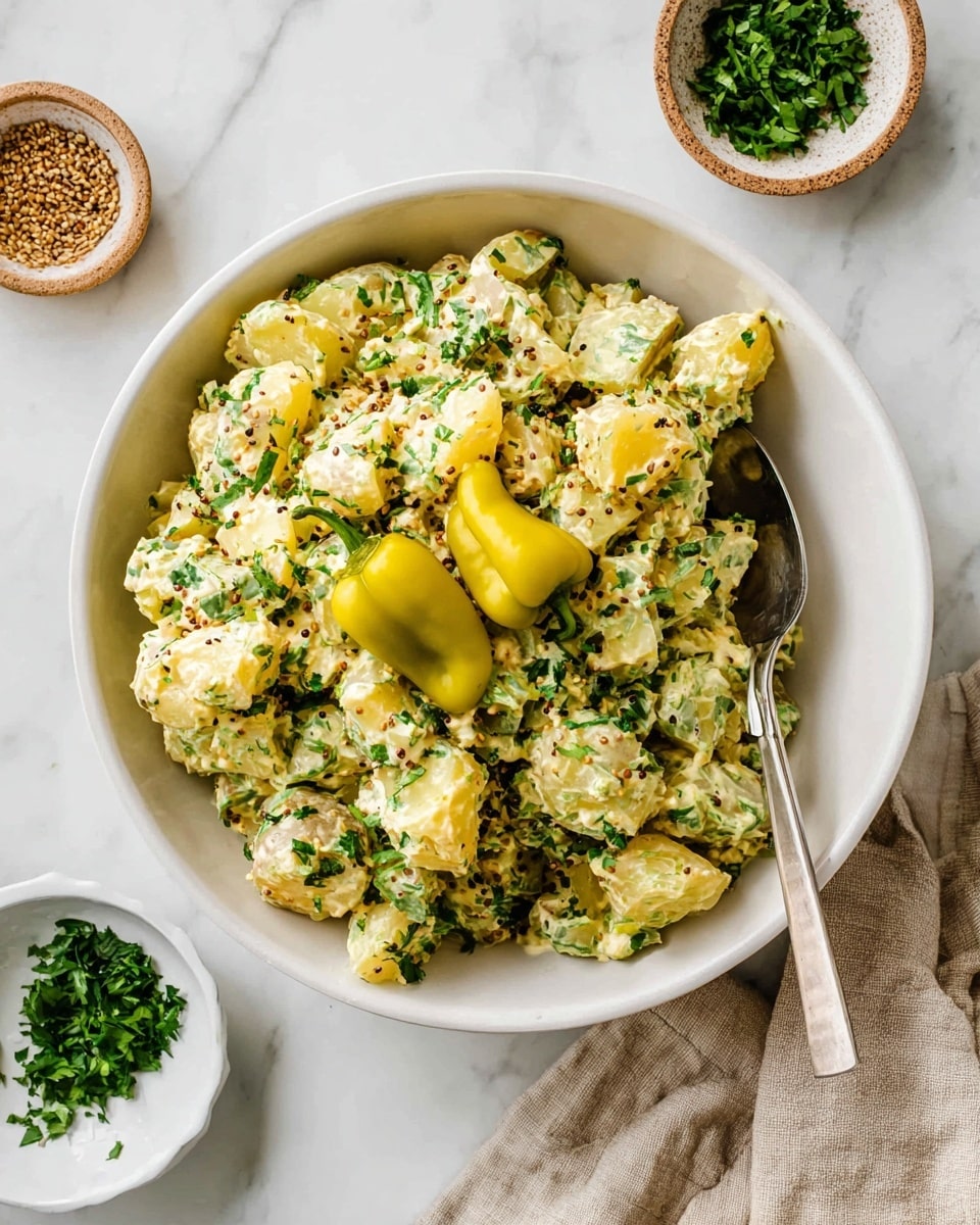 The image shows a white bowl filled with chunky potato salad mixed with chopped green herbs, creamy dressing, and mustard seeds, giving it a speckled texture throughout. On top of the salad, there are three whole yellow peppers placed together. A silver spoon is partially inside the bowl on the right side. The bowl sits on a white marbled surface, and around it, there are small white dishes with chopped green herbs and mustard seeds visible, along with a beige cloth on the bottom right. Photo taken with an iphone --ar 4:5 --v 7