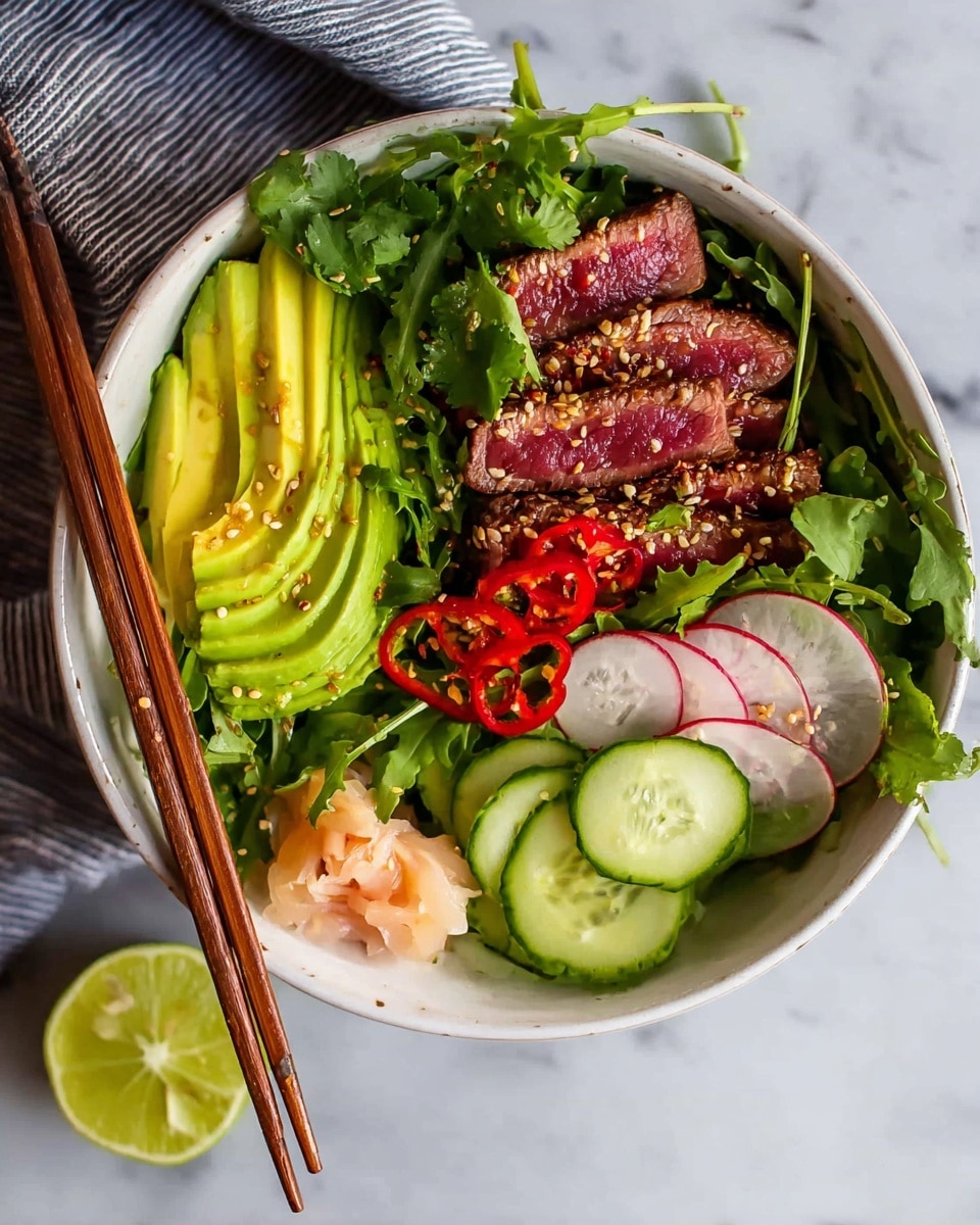 A bowl filled with layers of fresh ingredients sits on a white marbled surface with a striped cloth underneath. The bottom layer is a bed of green arugula. On top of that, thinly sliced avocado is neatly fanned out in light green shades on the left side. Next to the avocado, there are light pink slices of pickled ginger. At the center, medium-rare sliced beef with a pink center and brown edges is sprinkled with white sesame seeds and topped with bright red chili slices. On the right side, round slices of bright green cucumber form a cluster, with a few more red chili slices sprinkled over. Fresh cilantro with its leafy green texture is placed near the top right, alongside thin radish slices showing white interiors with pink edges. Two wooden chopsticks rest diagonally across the top of the bowl. A halved lime with a vibrant green interior is partially visible at the bottom left corner. Photo taken with an iphone --ar 4:5 --v 7