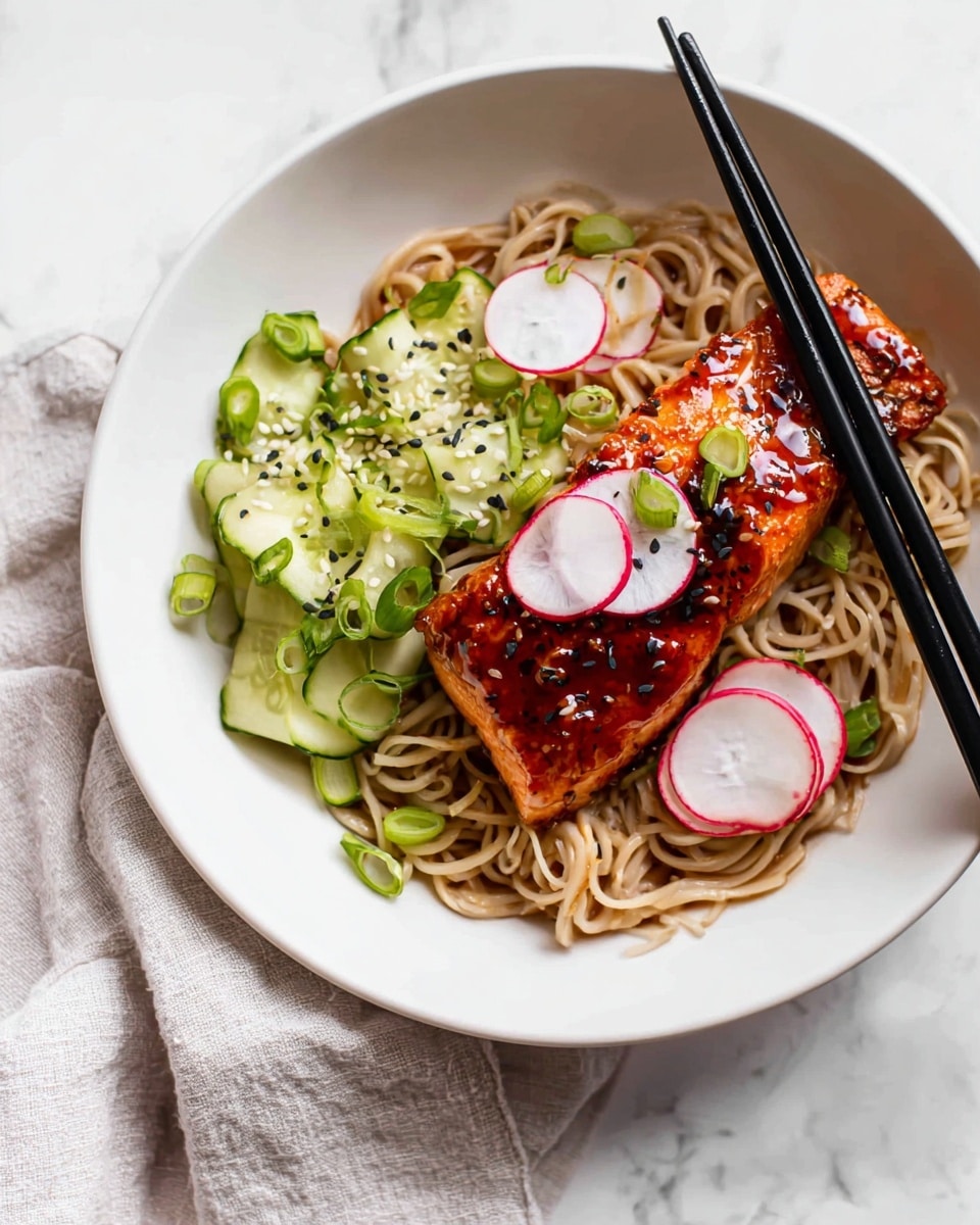 The dish is served in a white bowl with a base layer of light brown noodles arranged loosely. On top of the noodles, there is a piece of glazed salmon with a shiny reddish-brown sauce, garnished with thin, round slices of radish with white centers and pink edges. To the left of the salmon, thinly sliced cucumber mixed with sesame seeds adds a fresh green color and texture. Green onion pieces are scattered on and around the salmon, and black chopsticks rest on the right side of the bowl. The bowl is placed on a white marbled surface with a light cloth underneath. Photo taken with an iphone --ar 4:5 --v 7