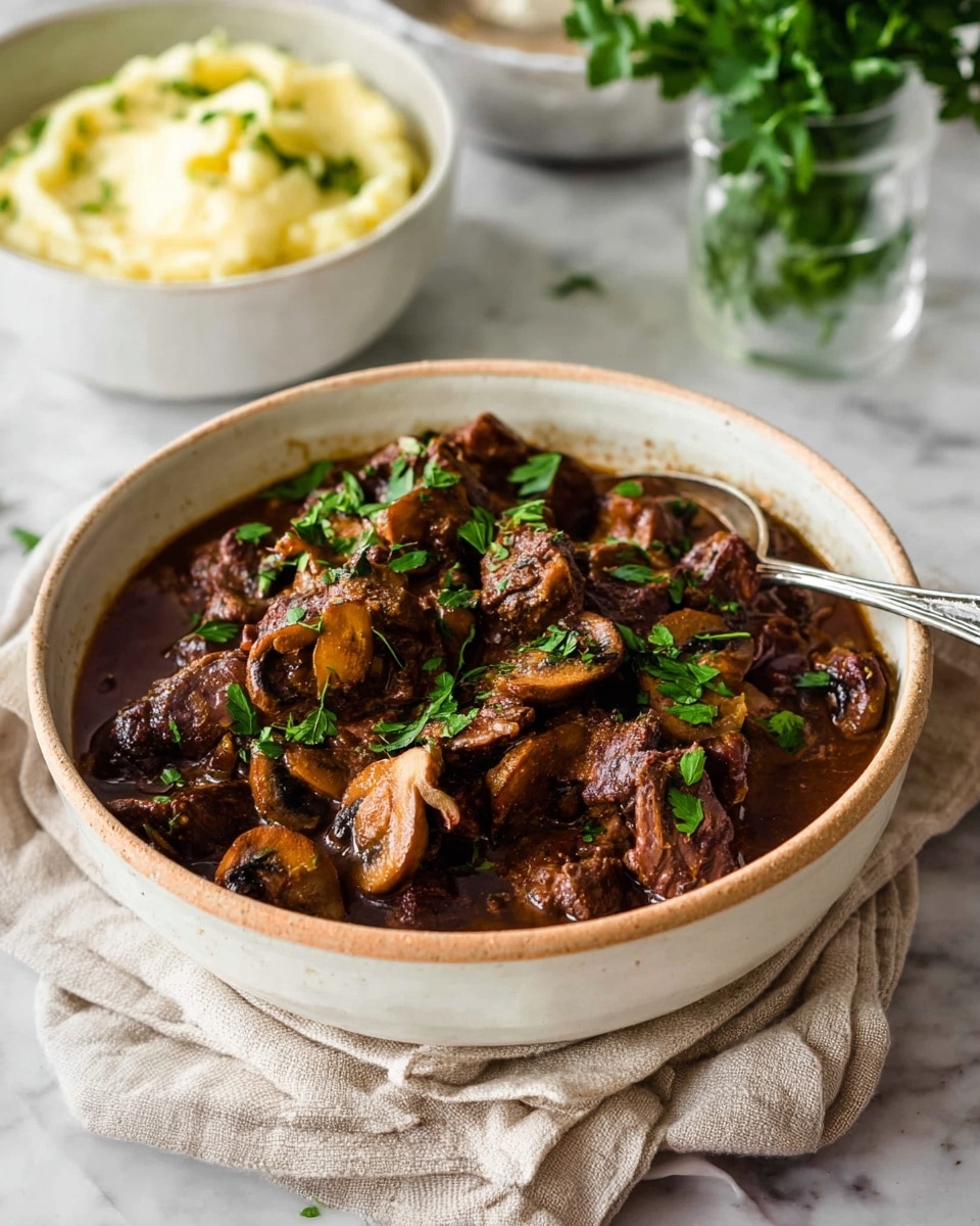 The dish shows a close-up of a rustic bowl filled with a richly colored beef and mushroom stew. The stew has dark brown chunks of meat mixed with sliced brown mushrooms, creating a textured look. Bright green parsley leaves sit on top, adding a fresh contrast. The bowl is white with a natural beige rim and rests on layered beige cloth napkins that give a cozy feel. In the background, there are two white bowls with creamy pale yellow mashed potatoes and a small glass vase with green parsley leaves on a white marbled surface. A silver spoon is partially visible inside the stew bowl. Photo taken with an iphone --ar 4:5 --v 7
