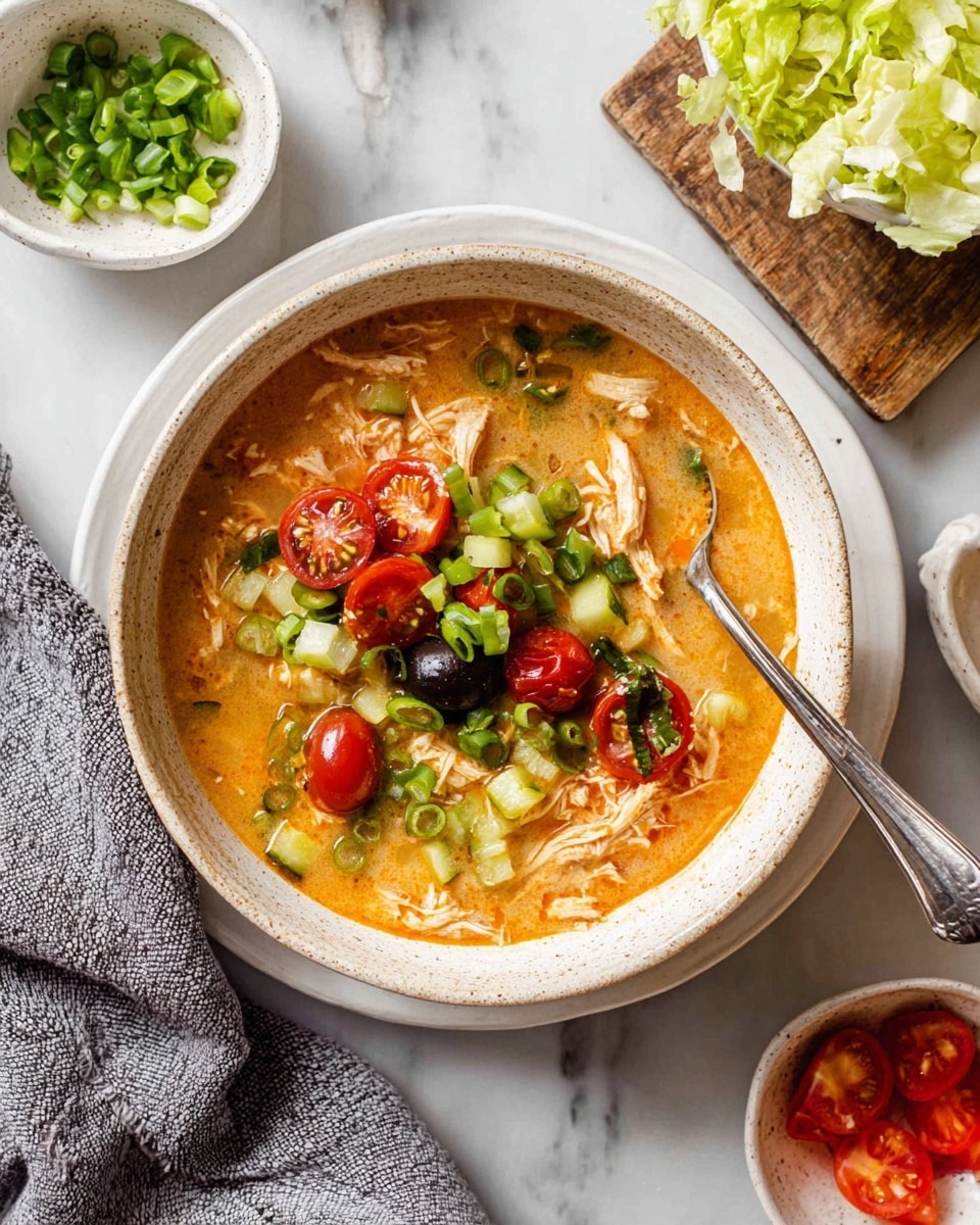 The image shows a bowl of soup with an orange, creamy broth as the base layer, filled with pieces of pale, shredded chicken and slices of green cucumber. Floating on top are halved dark red and bright red cherry tomatoes, creating pops of color. Fresh green onion pieces are scattered all over, adding a fresh, leafy green touch. The bowl, which has a speckled light beige rim, rests on a plain white plate, with a silver spoon placed inside the soup. Around the bowl on a white marbled surface, there are small white bowls containing chopped green onions and halved cherry tomatoes, along with a wooden board holding shredded pale green lettuce, and a grey cloth casually placed beside the bowl. photo taken with an iphone --ar 4:5 --v 7