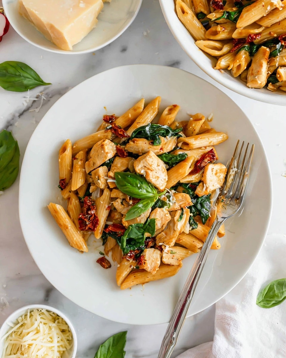 A white plate holds a serving of penne pasta mixed with pieces of cooked chicken, green spinach leaves, and small sun-dried tomato bits. The penne is light orange with a glossy texture, the chicken pieces are lightly browned, and the spinach adds a fresh dark green contrast. On top, a few fresh basil leaves and a sprinkle of grated white cheese add detail. A silver fork rests on the right edge of the plate. The dish is set on a white marbled surface with a smaller white bowl holding more pasta visible above it, and some basil leaves scattered around. Nearby, a white plate contains slices of cheese and shredded cheese, and a small white dish has sun-dried tomatoes, enhancing the setting. photo taken with an iphone --ar 4:5 --v 7