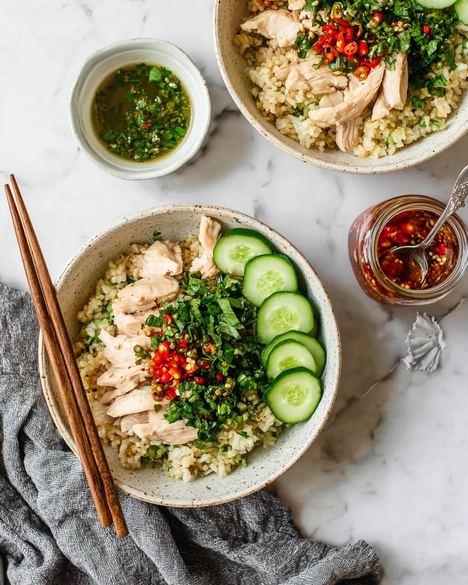 Two white speckled bowls are placed on a white marbled surface, each filled with layers of food. The base layer in each bowl is light brown rice, topped with pieces of pale, cooked chicken arranged neatly. Over the chicken, there is a drizzle of green chopped herbs and small bits of bright red chili. One bowl also includes a row of sliced cucumbers with a fresh green skin and light green interior, positioned on one side of the rice. Next to this bowl, a pair of wooden chopsticks rests on the edge. Nearby, there is a small white bowl containing green herbs in liquid, and a glass jar with a metal spoon inside, filled with a red chili sauce. A crumpled gray cloth is placed casually beside the bowls. Photo taken with an iphone --ar 4:5 --v 7