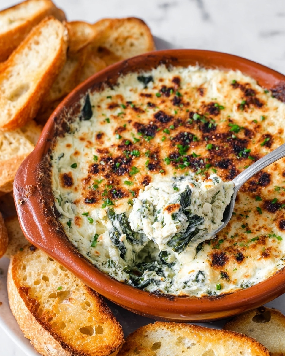 A round terracotta dish holds a creamy white spinach dip with a browned, slightly crispy top layer that has small dark spots from baking, and is sprinkled with chopped green herbs. The creamy dip beneath appears thick and mixed with dark green spinach leaves. A metal spoon rests inside the dish, scooping up the dip. Surrounding the dish are pieces of toasted baguette with a golden crust and soft, light yellow inside. The entire setup sits on a white marbled surface. photo taken with an iphone --ar 4:5 --v 7