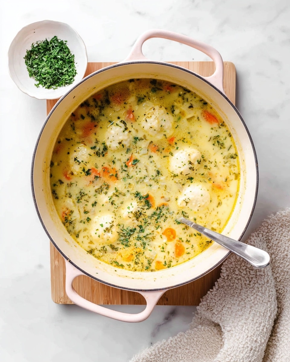 A white pot with soft pink handles contains a creamy soup with a yellow base mixed with small orange carrot pieces, white dumplings, and green herb sprinkles scattered on top and inside. A silver spoon rests inside the pot on the right side. The pot is on a light wooden cutting board and next to it is a small white bowl filled with finely chopped fresh green herbs. The whole scene is set on a white marbled surface with a light-colored textured cloth partially visible on the bottom right. photo taken with an iphone --ar 4:5 --v 7