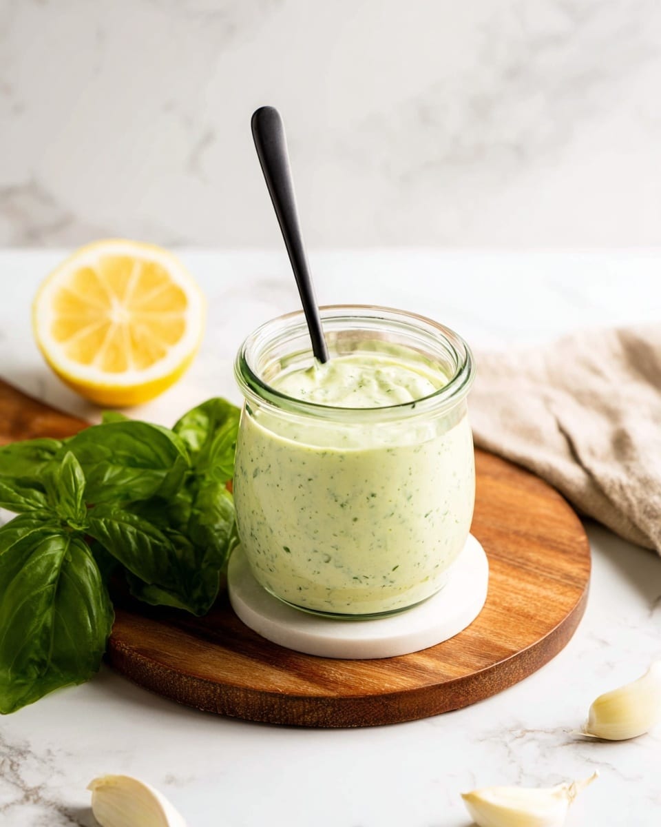 A clear glass jar filled with a light green creamy sauce speckled with herbs sits on a small round white coaster, which is placed on a wooden round board. Inside the jar is a thin black spoon standing upright. To the left of the jar lies a bunch of fresh, dark green basil leaves with a cut lemon half showing bright yellow flesh next to it. In the foreground are some garlic cloves with papery white skins scattered around. The whole scene is set on a white marbled surface with a soft, clean background. photo taken with an iphone --ar 4:5 --v 7
