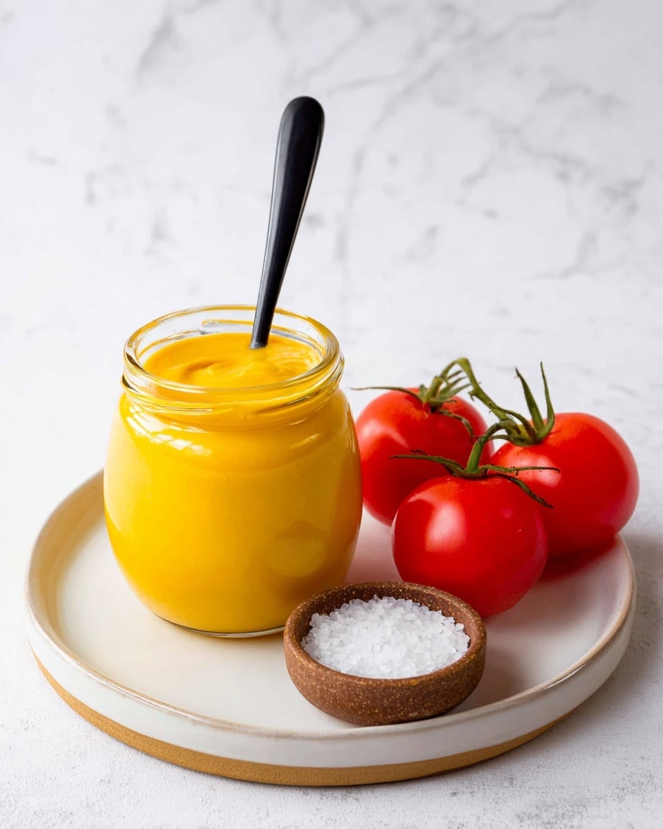 A small clear jar filled with smooth, bright yellow sauce is placed on a white plate with a white marbled background. A black spoon is stuck upright in the sauce. To the right of the jar, there are three fresh red tomatoes on the vine, showing their shiny, smooth skin. In front of the jar, on the plate, there is a small, round brown pot filled with coarse white salt. photo taken with an iphone --ar 4:5 --v 7