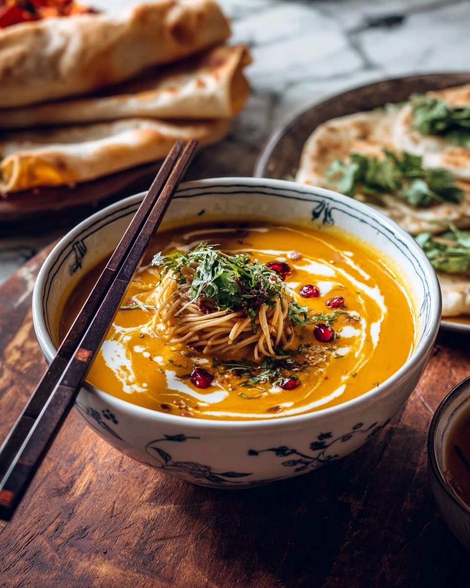 A bowl of orange creamy soup with visible swirls of white cream on the surface fills most of the bowl. In the center, a small nest of light brown spaghetti rests, topped with finely chopped green herbs and scattered dark red pomegranate seeds. The bowl has a white base with a delicate blue pattern on the rim. Dark wooden chopsticks rest on the bowl’s edge, and behind it to the right, two rolled, lightly browned flatbreads garnished with green leaves lie on a dark wooden table. The background surface is a white marbled texture photo taken with an iphone --ar 4:5 --v 7