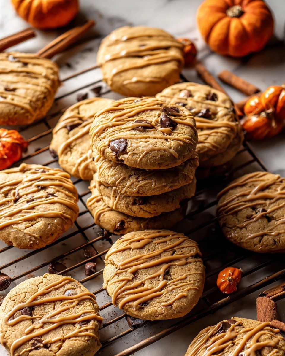 The image shows a pile of round, golden-brown cookies on a metal cooling rack placed on a white marbled surface. The cookies have a soft texture with cracks on top and visible chocolate chips embedded in them. Some cookies are decorated with a thick, light brown drizzle of icing applied in a random zigzag pattern. There are small, shiny orange mini pumpkins and cinnamon sticks scattered around, adding to the warm, cozy feel of the scene. photo taken with an iphone --ar 4:5 --v 7