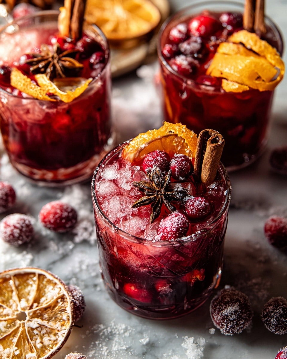 Three clear glasses filled with a deep red drink and crushed ice are shown against a white marbled texture. Each glass has visible layers of bright red cranberries and a rich red liquid. The top layer has ice cubes mixed with whole red cranberries, a curled bright orange peel, and a whole star anise on the surface. A long brown cinnamon stick stands upright in each glass, adding a rustic texture. Around the glasses, sugared cranberries and star anise rest on the surface, along with a dried orange slice dusted with fine white powder. The scene conveys a festive and warm feeling, photo taken with an iphone --ar 4:5 --v 7