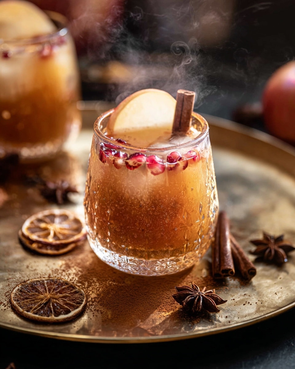 A textured clear glass holds a warm, amber-brown drink filled about three-quarters full, with small red pomegranate seeds floating inside. A thin slice of light brown apple with some cinnamon dust and a dark brown cinnamon stick rest on top, slightly inside the drink. The glass sits on a large round bronze tray with a shiny surface, scattered with cinnamon powder and star anise pods. Surrounding the tray are cinnamon sticks and dried apple slices, one topped with a star anise. In the background, another similar glass has steam rising gently, suggesting warmth. The setting conveys a cozy, autumnal or holiday feel with soft, warm light. photo taken with an iphone --ar 4:5 --v 7