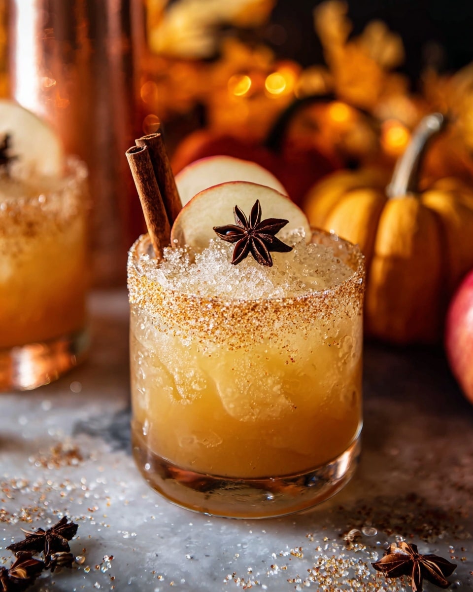 A short clear glass filled with a light amber drink topped with crushed ice, garnished with a thin apple slice and a dark brown star anise floating on the surface, two cinnamon sticks standing vertically in the middle, the rim coated thickly with coarse golden sugar crystals, set on a white marbled texture surface with some star anise and sugar grains scattered nearby, warm festive orange and yellow pumpkins blurred in the background, soft warm light adding a cozy feeling. photo taken with an iphone --ar 4:5 --v 7