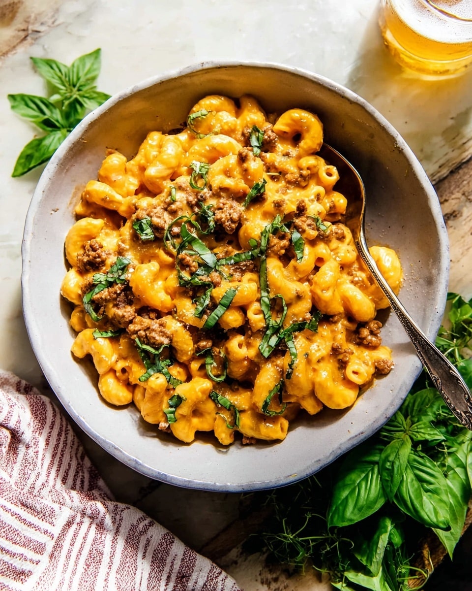 A white bowl filled with three layers: the bottom layer is creamy orange cheese sauce covering elbow macaroni pasta, the middle layer shows chunks of browned ground meat mixed throughout the pasta, and the top layer is loose green basil leaves and chopped herbs scattered over the pasta. A silver spoon rests in the bowl on the right side. The bowl sits on a white marbled textured surface with a striped cloth napkin near the bottom right corner, fresh basil leaves around the bowl, and a glass of light beer in the top right corner. photo taken with an iphone --ar 4:5 --v 7