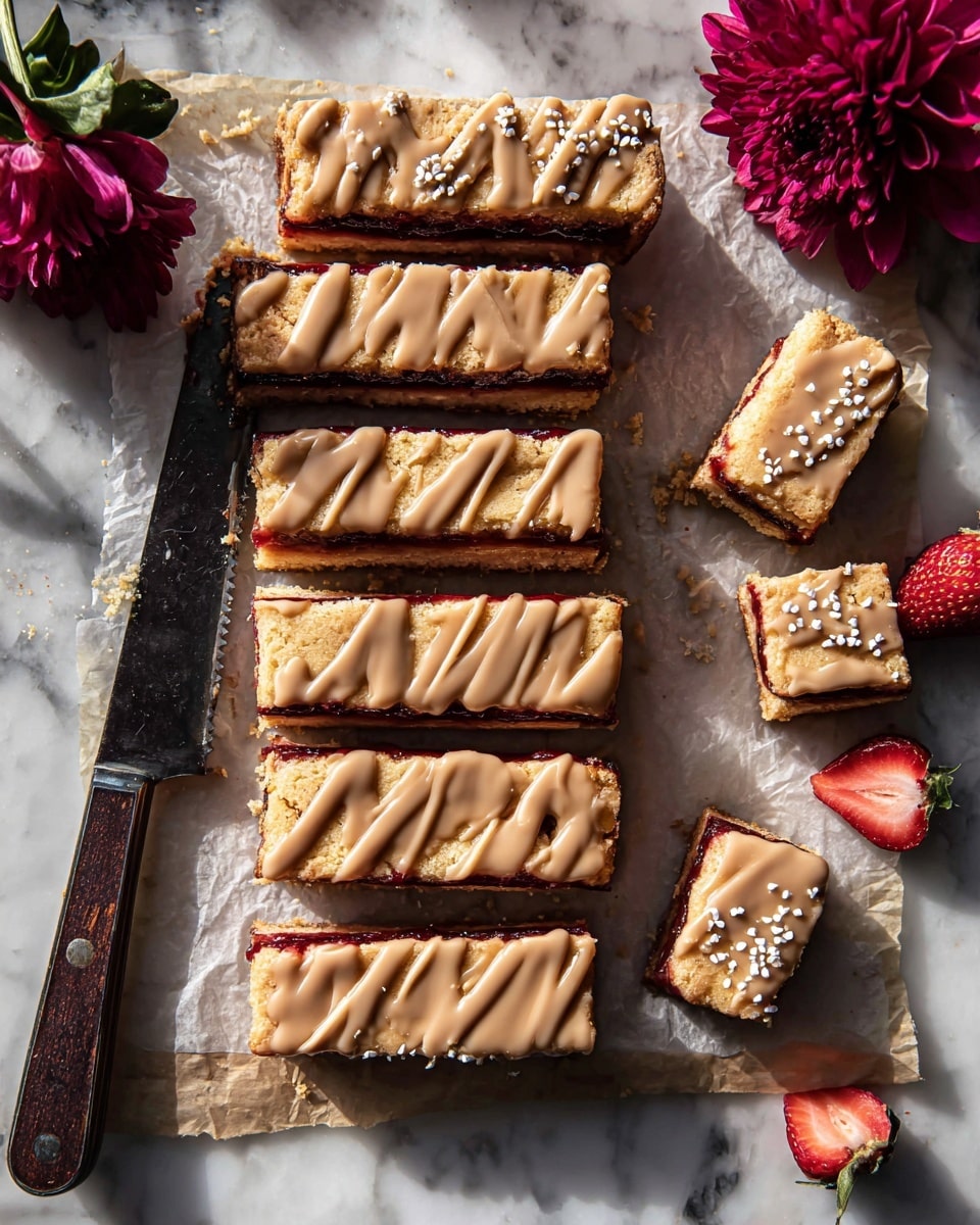 The image shows six rectangular bars arranged vertically on a piece of parchment paper on a white marbled surface. Each bar has three visible layers: a bottom deep red jam layer, a middle golden-brown crumbly layer, and a top light brown creamy glaze drizzled unevenly over the surface. On the right side, there are some smaller square pieces of the same bars with the same layers and glaze, decorated with tiny white sprinkles. Near these smaller pieces, two fresh red strawberries with green tops sit beside the bars. On the left side, there is a dark-handled knife resting on the parchment next to a deep pink flower with green leaves. The lighting highlights the textures and colors of the bars against the white marbled background. Photo taken with an iphone --ar 4:5 --v 7