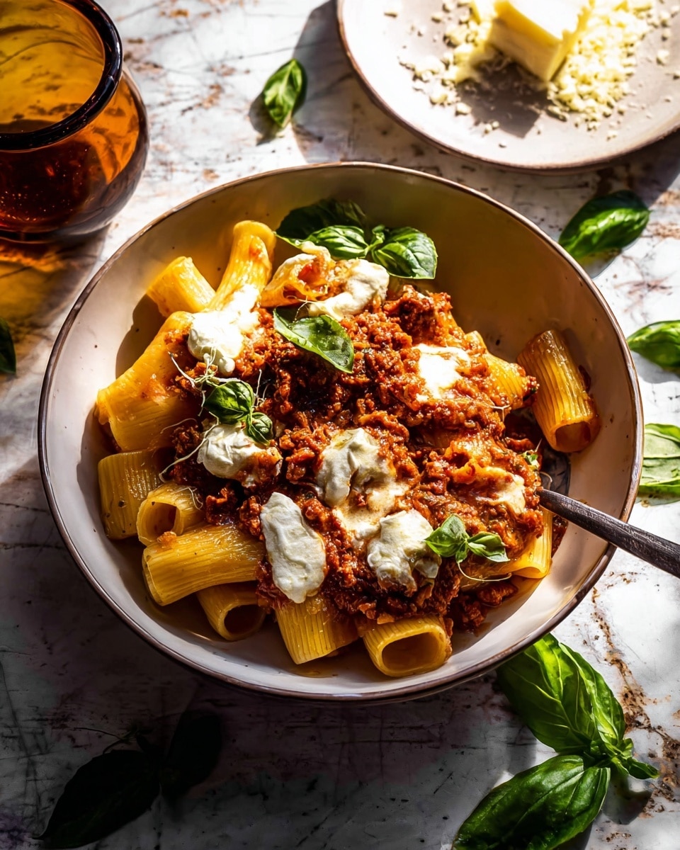 A white bowl filled with three layers: at the bottom large tubular pasta pieces with a yellow-orange color, in the middle a thick red and textured meat sauce evenly coating the pasta, and on top dollops of white melted cheese scattered across the dish. Fresh green basil leaves are placed on top as a garnish. A silver spoon rests inside the bowl on the right side. The bowl sits on a white marbled surface with scattered basil sprigs around it. In the background, a small brown glass bowl holds some liquid, and there is a white plate with some cheese and basil on the top right side. Photo taken with an iphone --ar 4:5 --v 7