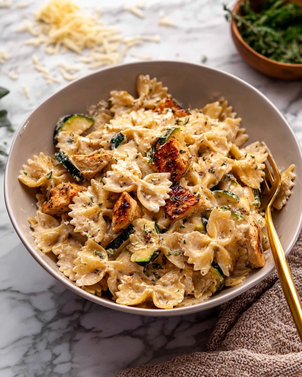 A white bowl filled with creamy farfalle pasta mixed with browned grilled chicken pieces and small chunks of green zucchini scattered throughout, all coated in a rich, light beige sauce with visible herbs. The pasta has a slightly glossy texture, while the chicken is golden and slightly charred on edges. A gold fork rests inside the bowl, which sits on a white marbled surface with crumbs of cheese and a soft, knitted beige cloth nearby. In the background, there is a hint of fresh green herbs in a bowl. photo taken with an iphone --ar 4:5 --v 7