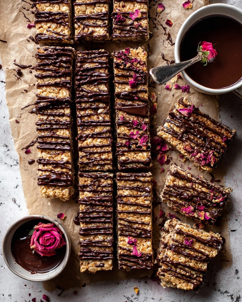 A rectangular stack of golden, crispy rice treats with a visible crunchy texture forms the base layer, cut into thick bars. The top layer is covered with irregular, dark brown glossy drizzled chocolate ribbons in varying thickness. Scattered deep pink rose petals add a pop of color on the treats. On the right, some bars reveal a middle smooth chocolate layer between the base and top chocolate drizzle. The treats rest on parchment paper over a white marbled surface with small chocolate splashes and a white ceramic cup filled with melted dark chocolate garnished with a pink petal nearby. Photo taken with an iphone --ar 4:5 --v 7