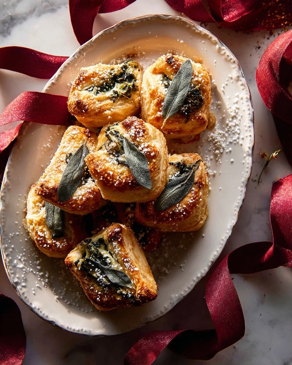 A white plate with a raised ribbon and bow design holds about ten golden-brown puff pastries, each topped with sesame seeds and one or two dark green sage leaves. The pastries show layers of flaky crust with a dark green spinach or herb filling visible at the edges. The pastries are stacked unevenly, creating a cozy pile, with some rough edges and crisp textures. The plate sits on a white marbled surface, and a red velvet ribbon is draped around the plate, adding a festive touch. The warm light highlights the gloss on the pastry tops and the rough, crumbly layers. photo taken with an iphone --ar 4:5 --v 7
