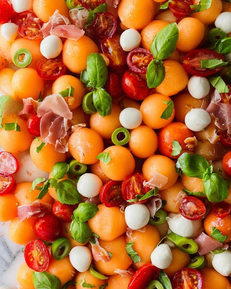 This dish is a colorful salad with many layers and bright colors. The base layer is made of round, orange melon balls that are smooth and shiny. Scattered among these are small, round white mozzarella balls, adding a creamy texture. Mixed in are vibrant red cherry tomato halves showing their juicy insides, and green sliced olives that bring a slightly glossy look. Green basil leaves are spread around, adding fresh, leafy texture. Thin pieces of light pink prosciutto are also mixed throughout, adding a delicate and slightly curly layer. The salad is shown in close-up, all on a white marbled background. photo taken with an iphone --ar 4:5 --v 7