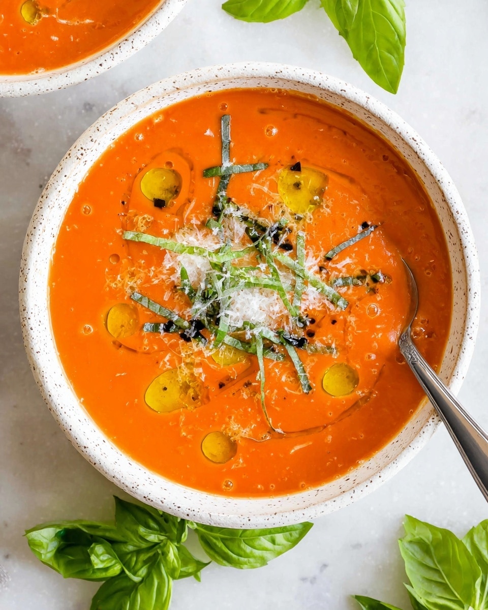 A white speckled bowl filled with smooth, bright orange tomato soup, topped with thin green basil strips scattered across the surface, small drops of olive oil creating shiny yellow patches, and finely grated white Parmesan cheese sprinkled in the center. A silver spoon rests inside the bowl on the right side, partially dipped in the soup. The bowl sits on a white marbled texture surface with fresh green basil leaves nearby, giving a fresh and vibrant look. Photo taken with an iphone --ar 4:5 --v 7