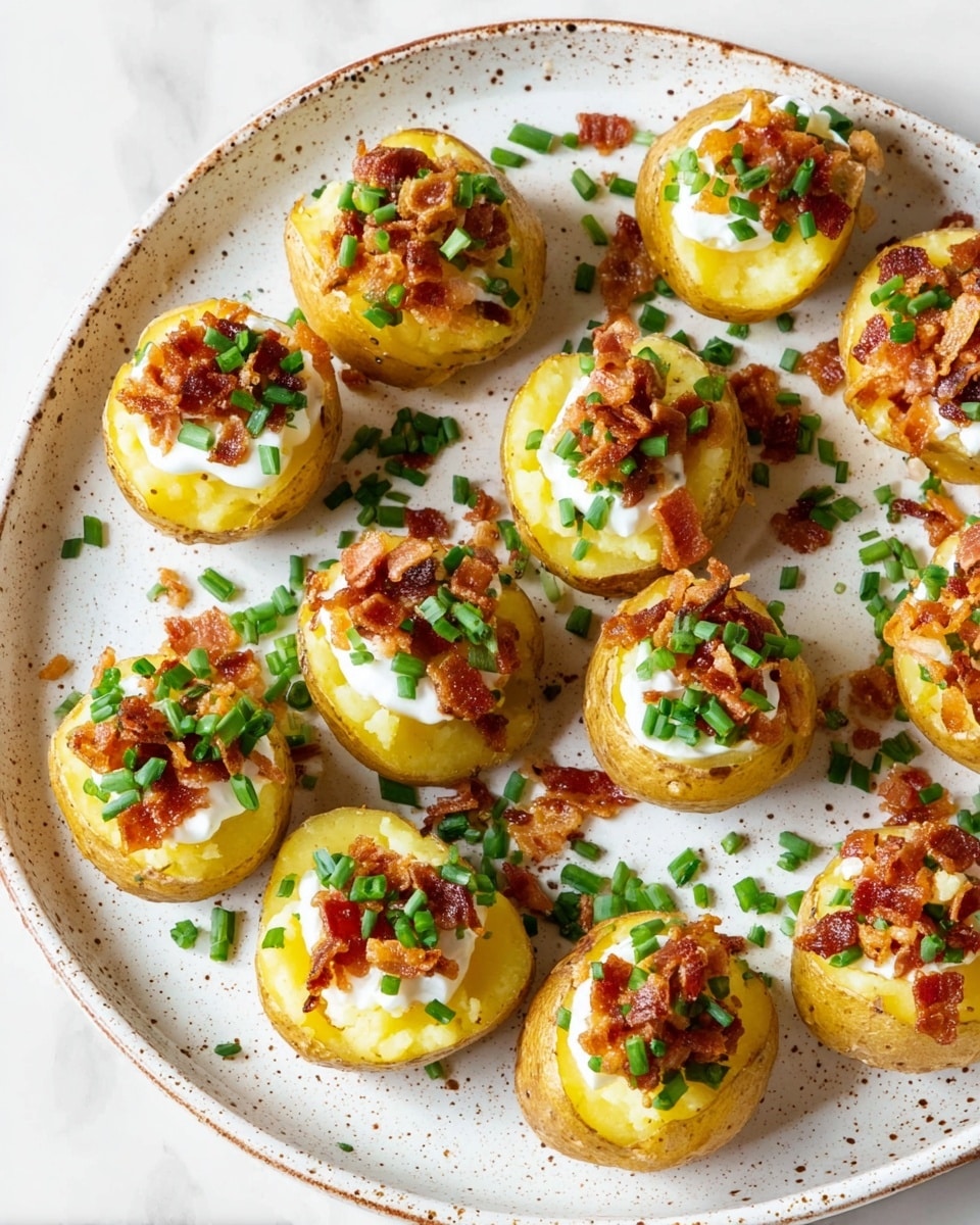 A large white plate with a speckled brown edge holds about fifteen small, round yellow potatoes, each cut open at the top to reveal three distinct layers: a soft, slightly mashed yellow potato base, a dollop of white sour cream in the middle, and topped with small crispy brownish-red bacon bits scattered generously, along with bright green chopped chives sprinkled on top and around the plate, on a white marbled surface. photo taken with an iphone --ar 4:5 --v 7