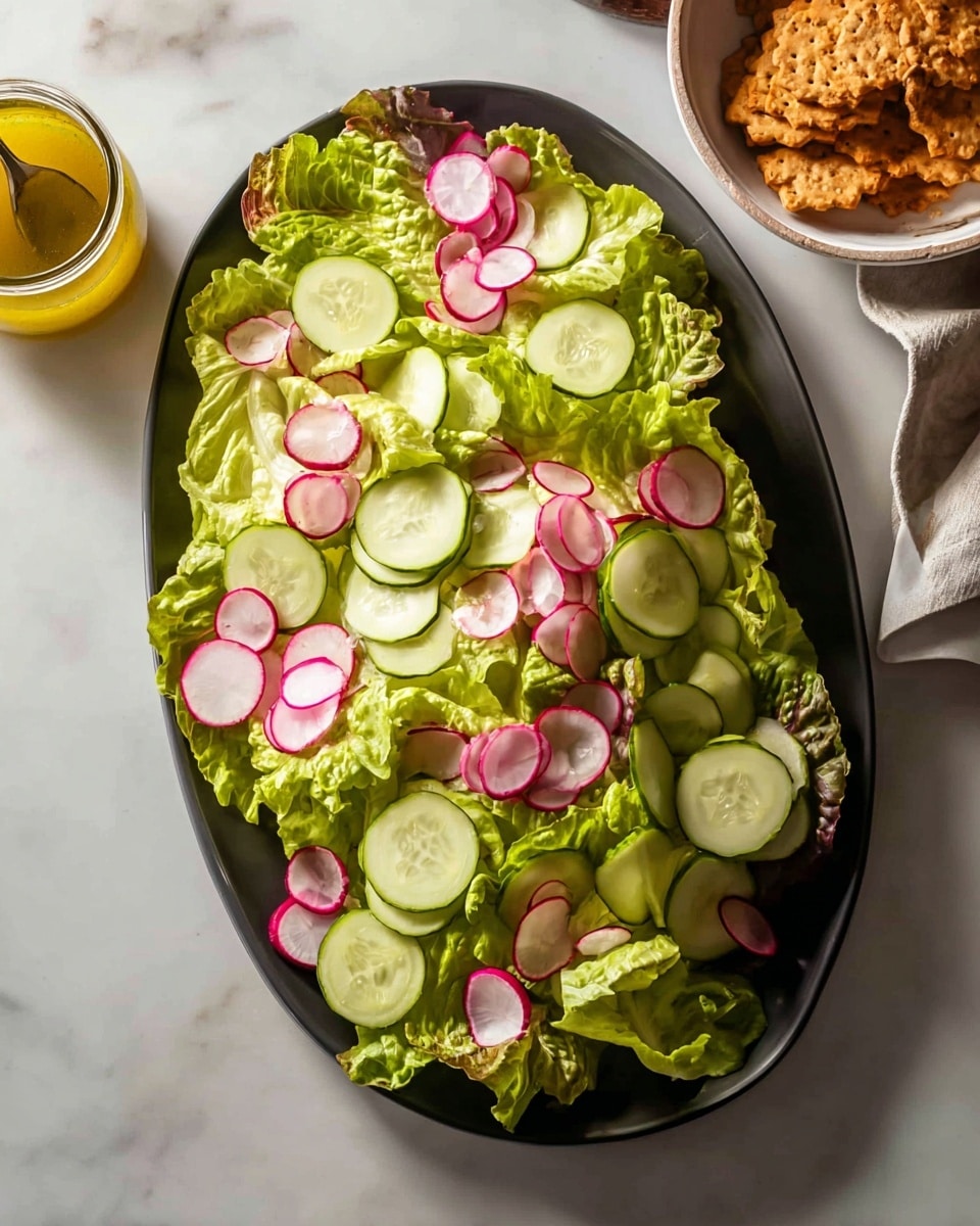 A large dark oval plate holds a fresh salad made of three main layers: the bottom layer is bright green butter lettuce leaves with soft, ruffled texture, spread loosely across the plate; the middle layer consists of thin, pale green cucumber slices neatly stacked and scattered evenly over the lettuce; the top layer features thin, round slices of white radish with pink edges, delicately arranged in small bunches on top and around the cucumbers and lettuce. The plate is set on a white marbled surface, with a jar of yellow dressing and a white bowl with golden-brown crackers nearby. photo taken with an iphone --ar 4:5 --v 7