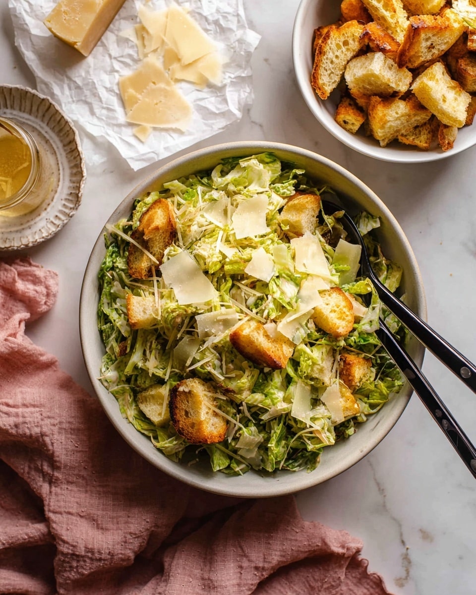 A dark round bowl filled with a salad made of three main visible layers: the bottom layer is shredded bright green Brussels sprouts, the middle layer is small crisp broccoli florets scattered throughout, and the top layer includes green olives sliced in half, thin slices of light yellow Parmesan cheese, and small pieces of brownish anchovies spread evenly. A silver spoon rests inside the bowl on the right side. The bowl sits on a white marbled surface with a soft pink cloth napkin beside it on the top right, a small white marble salt container on the bottom left, and a beige plate holding a halved squeezed lemon and a wedge of Parmesan cheese nearby. photo taken with an iphone --ar 4:5 --v 7