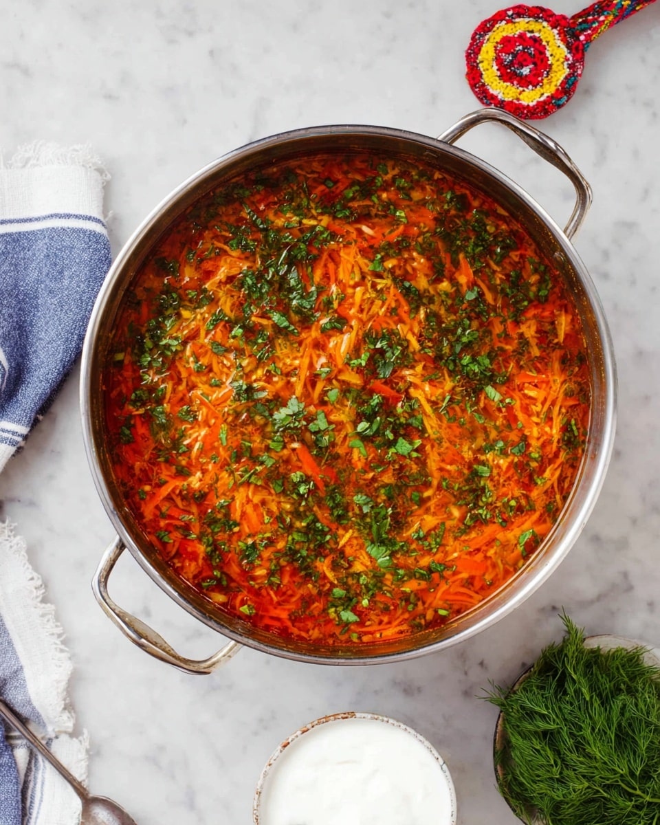 A large round silver pot filled with a bright orange-red soup showing finely shredded vegetables mixed in a rich broth, topped generously with chopped fresh green herbs scattered evenly across the surface. The pot sits on a white marbled surface with a folded blue and white striped cloth and a small decorated red and yellow spoon holder on the upper left. On the bottom right, there is a small white bowl with plain white yogurt and a silver spoon inside, with some fresh green dill next to it. The scene is simple and clean, highlighting the vibrant colors of the dish. photo taken with an iphone --ar 4:5 --v 7