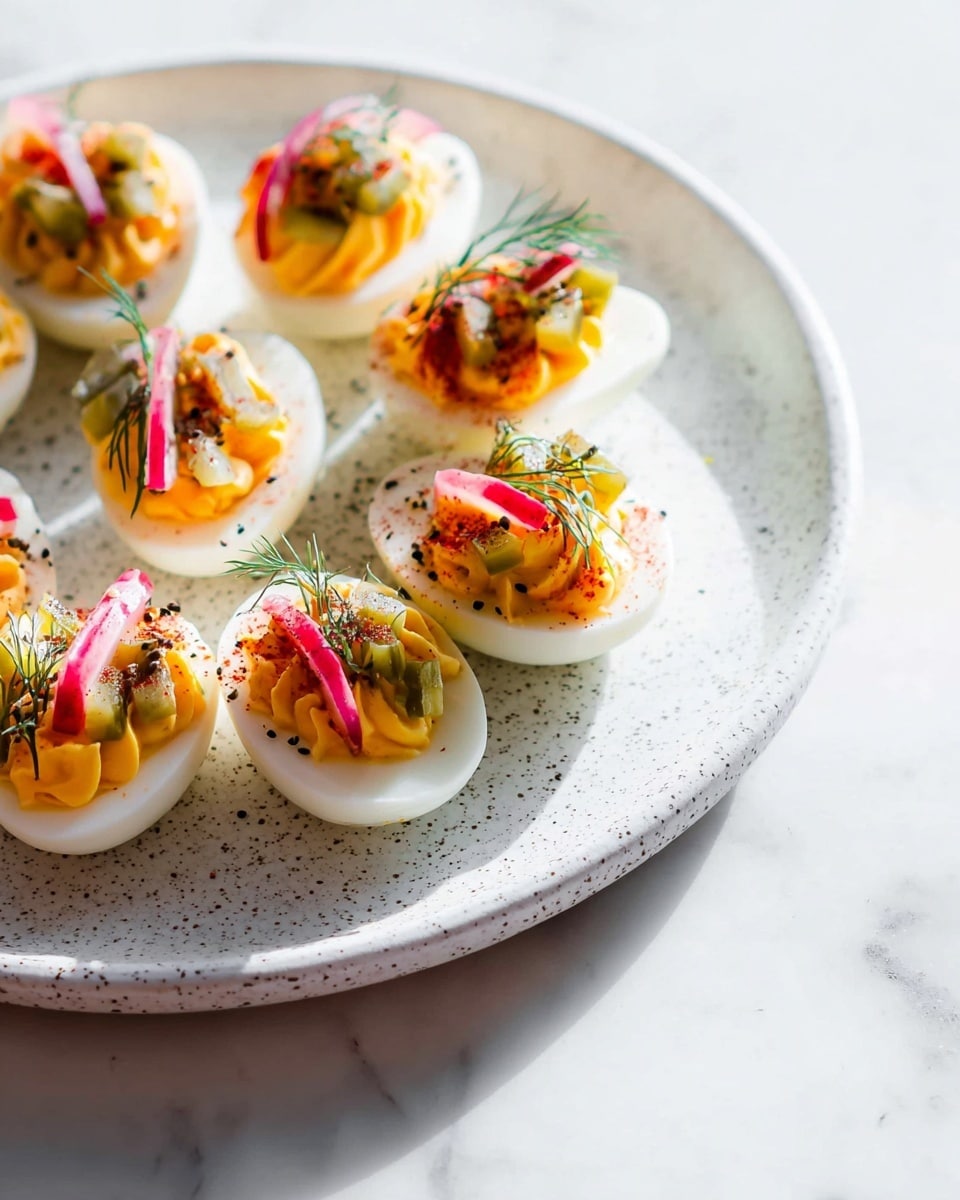 The image shows a white speckled plate arranged with halved boiled eggs forming a circle. Each egg has one layer of smooth white egg white as the base, topped with a thick yellow-orange creamy yolk mixture. On top of the yolk, there are small pieces of green pickles and thin slices of red radish and cherry tomato, adding bright colors and freshness. Sprigs of dill garnish some eggs, with a light sprinkle of black and white seeds on the egg white for texture. The plate sits on a white marbled surface, and the photo has bright natural light highlighting the colors. photo taken with an iphone --ar 4:5 --v 7