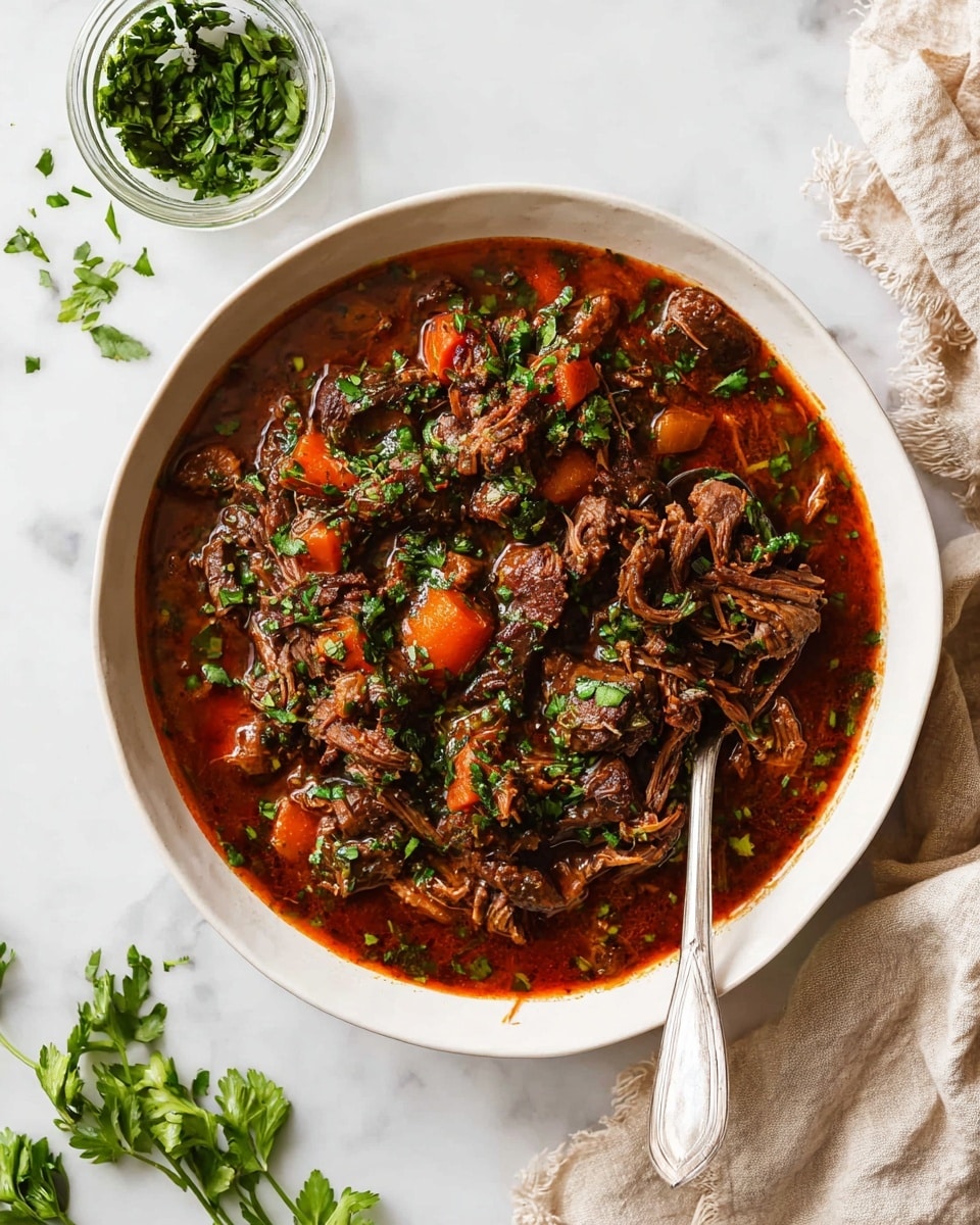 A white bowl full of thick stew with shredded dark brown meat and small chunks of carrots in a rich reddish-brown sauce, sprinkled with chopped fresh green herbs on top, a silver spoon resting inside the bowl on the right side; the bowl is placed on a white marbled surface with a small jar of chopped green herbs to the bottom left and fresh herb sprigs nearby, and soft light beige cloth pieces at the bottom right and top right edges of the image photo taken with an iphone --ar 4:5 --v 7