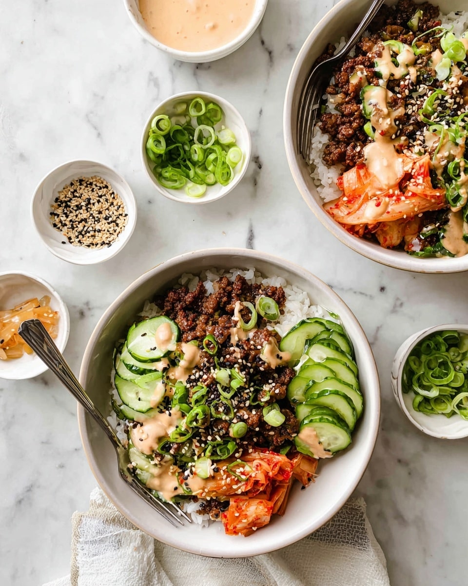 Two white bowls are placed on a white marbled surface, each with three main layers: the bottom layer is white rice with a soft texture, the middle layer has dark brown cooked ground meat with a slightly crispy texture, and the top layer includes slices of fresh, bright green cucumber on one side, and a small pile of orange-red kimchi on the other side. A light beige creamy sauce is drizzled over the meat and cucumbers, and chopped green onions and light brown sesame seeds are sprinkled on top. Around the bowls, small white dishes hold more green onions, sesame seeds, and creamy sauce. A silver fork is resting inside the bottom bowl. Photo taken with an iphone --ar 4:5 --v 7